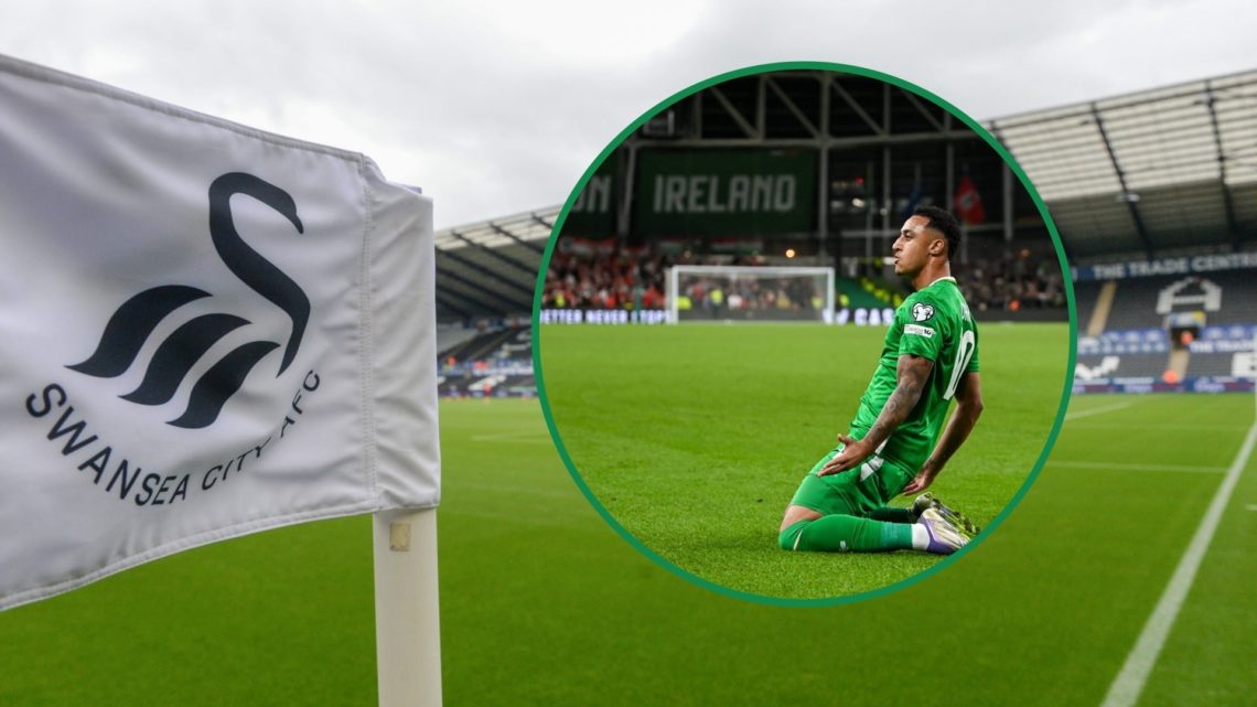 General view of Swansea City badge on corner flag left and Adam Idah celebrating a goal for Ireland right