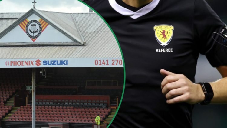 General view of Partick Thistle's Firhill Stadium left and view of referee Kevin Clancy's kit before a match at Easter Road right