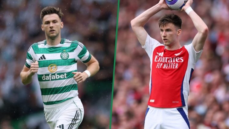 Split image of Kieran Tierney on both sides, on left in action for Celtic and right taking a throw in for Arsenal