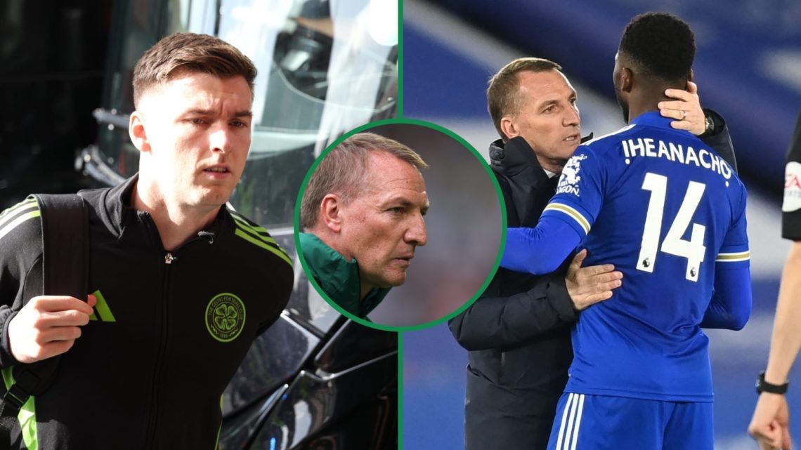 Kieran Tierney steps off the Celtic team bus at Ibrox left, Brendan Rodgers inset centre, and Rodgers embraces Leicester City striker Kelechi Ihean...