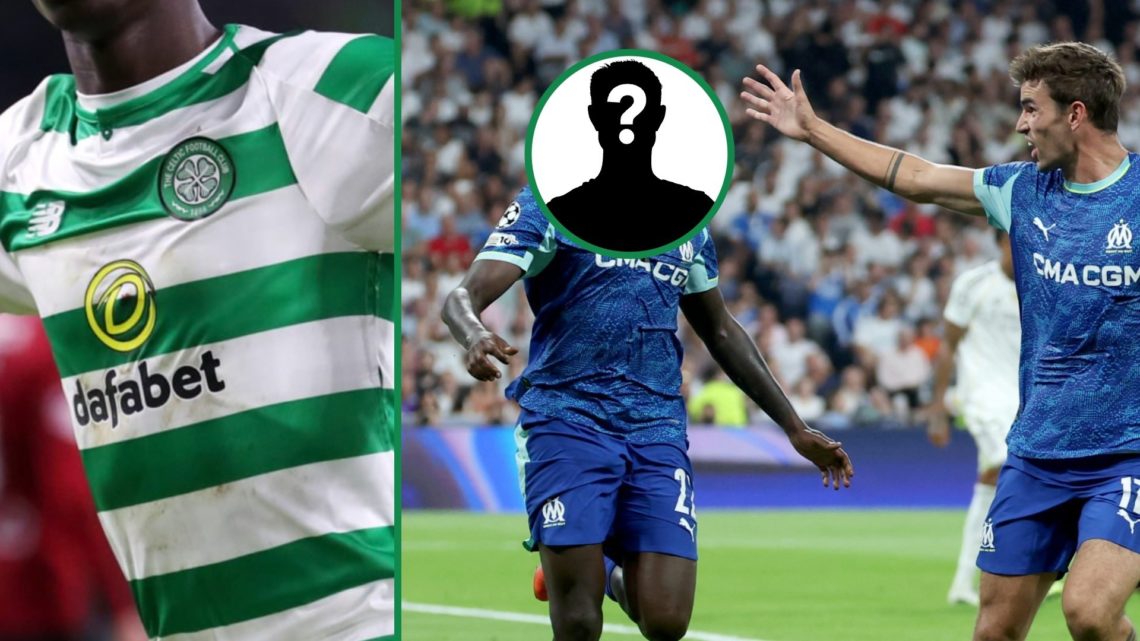 Timothy Weah celebrates a goal for Celtic left and Weah celebrates with Marseille teammate Matt O'Riley against Real Madrid right