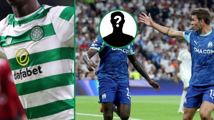 Timothy Weah celebrates a goal for Celtic left and Weah celebrates with Marseille teammate Matt O'Riley against Real Madrid right