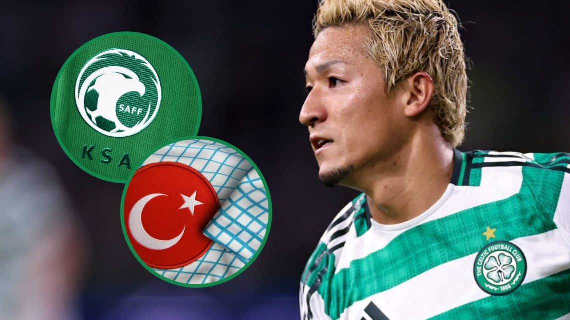 Daizen Maeda in action for Celtic right with Turkey and Saudi Arabia badges shown left inset