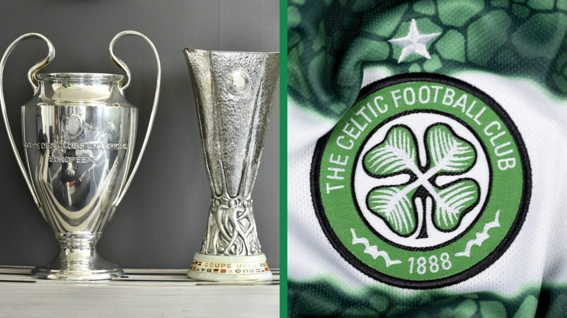 A split image of the UEFA Champions League trophy and the UEFA Europa League trophy ahead of the UEFA ECF Season Kick Off 2017/18 on August 23, 201...