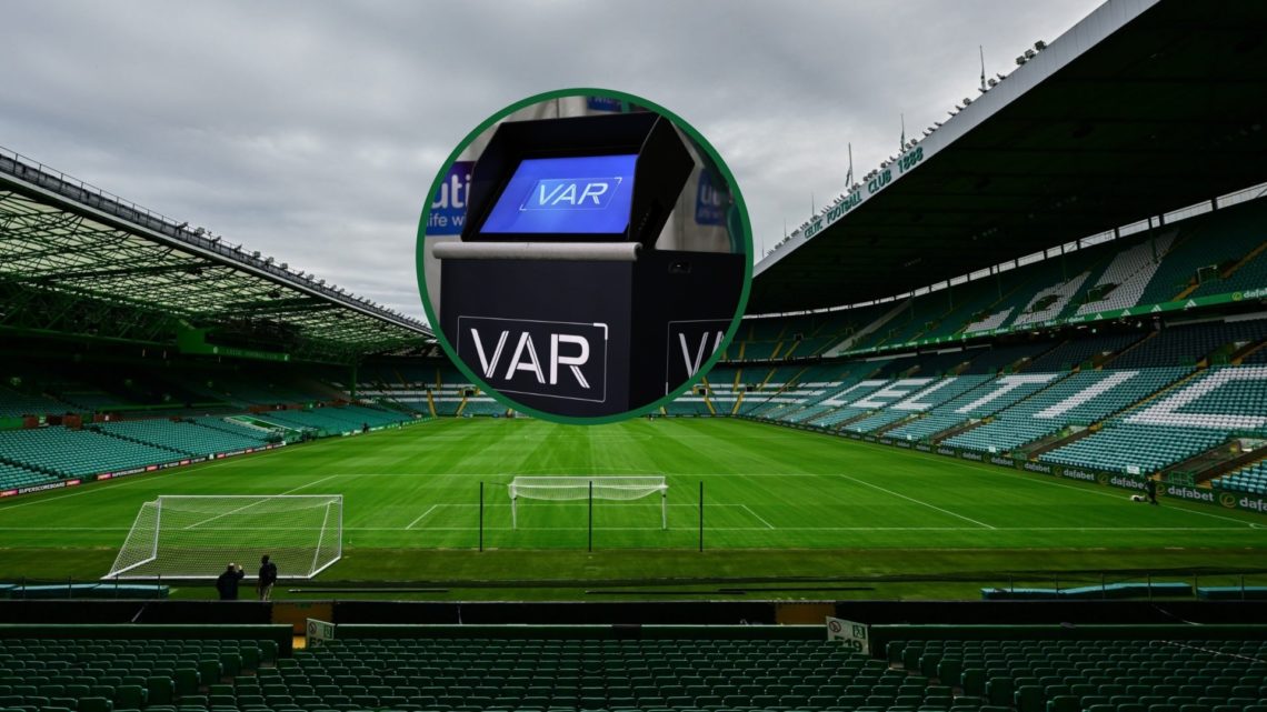 Image of Celtic Park with an overlay of a VAR monitor.