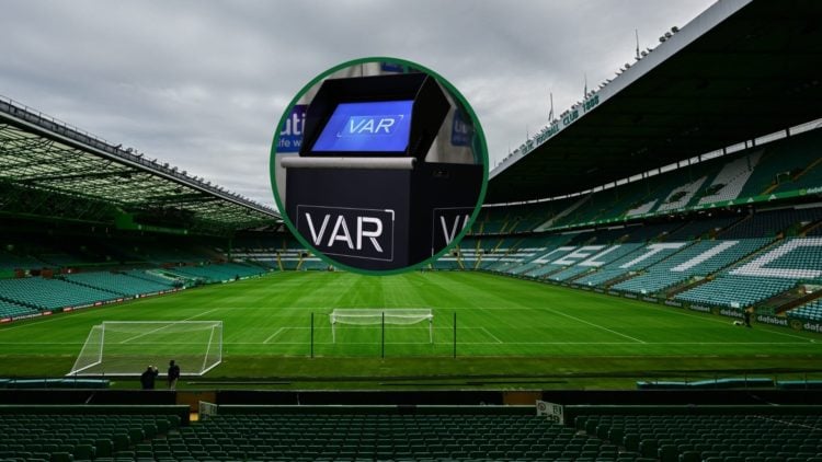 Image of Celtic Park with an overlay of a VAR monitor.