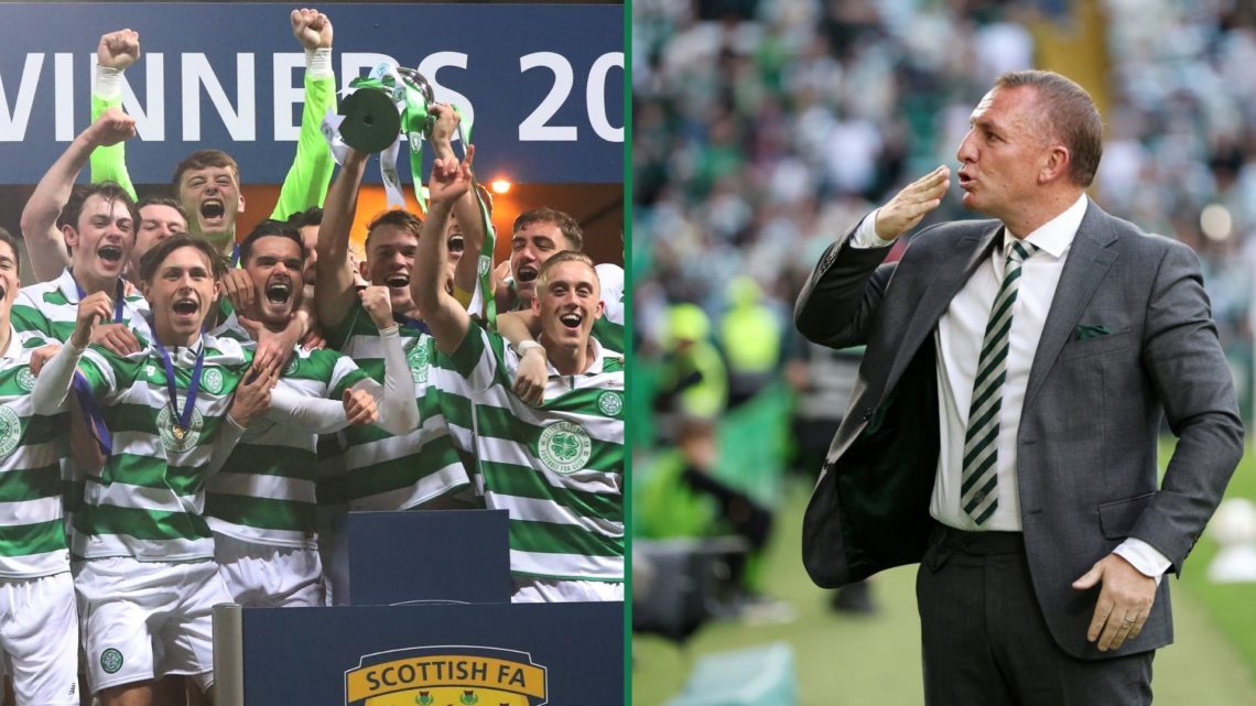 Sam Wardrop of Celtic lifts the trophy during The Scottish FA Youth Cup Final, Brendan Rodgers acknowledges the Celtic fans at Parkhead