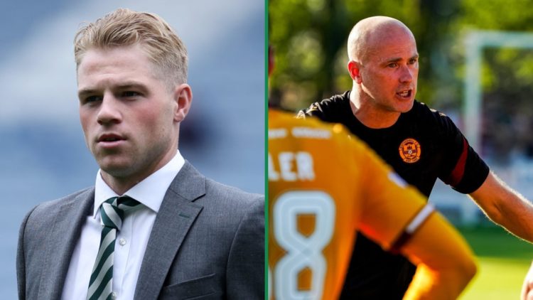 Stephen Welsh in Celtic suit and tie left with Motherwell manager Jens Berthel Askou giving team talk right