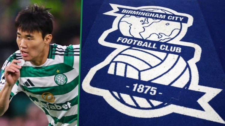 Yang Hyun-jun playing for Celtic vs Kairat Almaty left and view of carpeted Birmingham City badge right