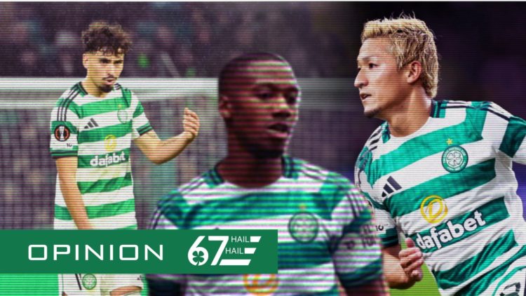 Sebastian Tounekti in action duirng Celtic vs Braga, Michel-Ange Balikwisha controls the ball during Rangers vs Celtic, Daizen Maeda on the ball fo...