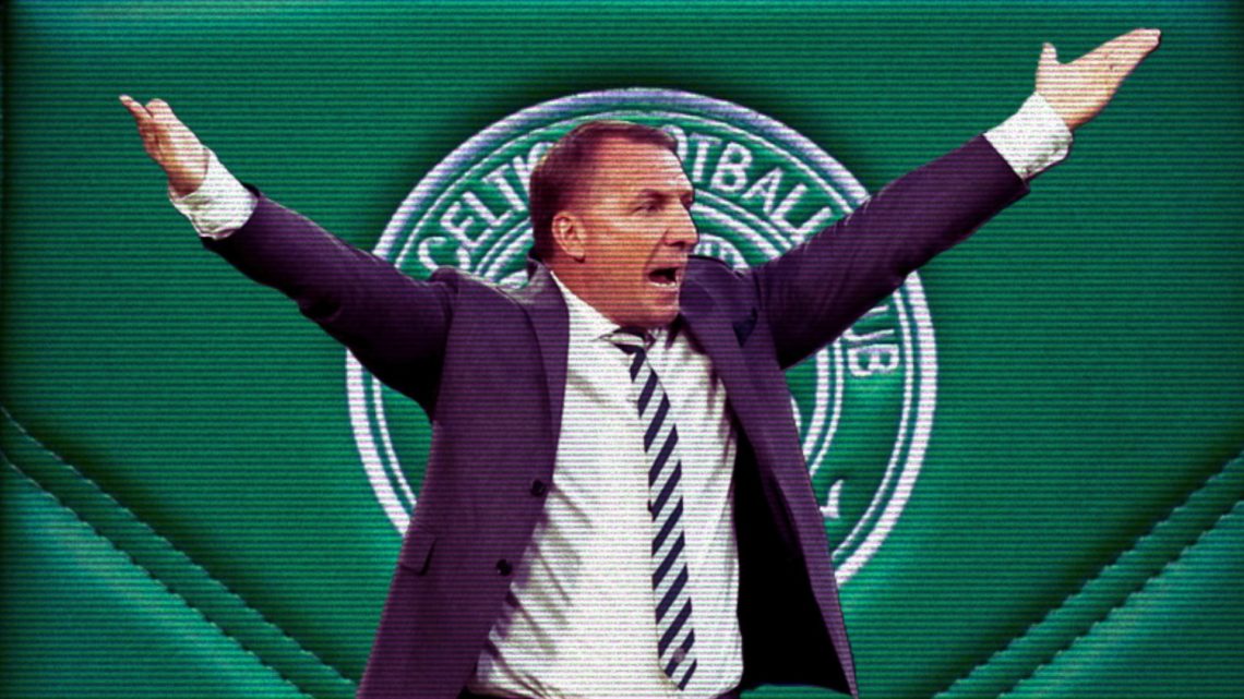 Brendan Rodgers protests a decision during a Celtic Scottish Premiership game, a backdrop of the Celtic club badg on a padded seat