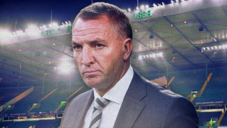 A general view of Celtic Park before a Champions League game, a cutout of Brendan Rodgers looking dejected after Celtic's draw with Kairat Almaty