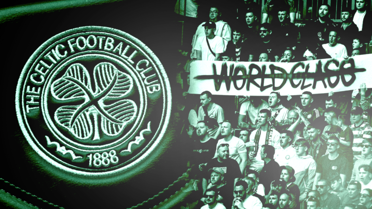 Close up view of Celtic badge left and Celtic fans holding up banner reading 'World Class' right