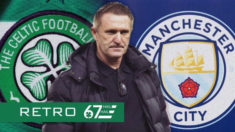 A detailed view of the Celtic badge on a shirt, a detailed view of the Manchester City badge, Robbie Keane watches on before Ferencvaros' Europa Le...
