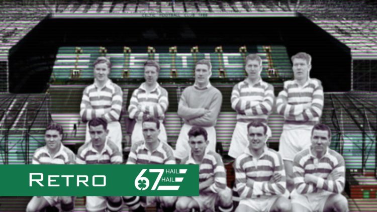 An aerial view of Celtic Park, the Celtic squad lineup for a photo before kick off in 1955