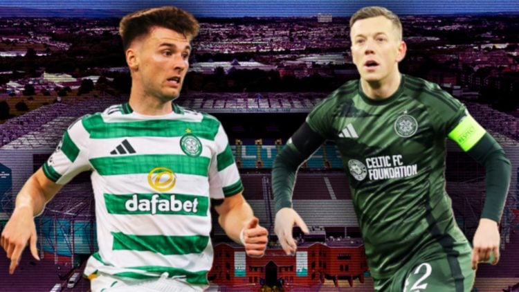 An aerial view of Celtic Park featuring overlayed insets of Callum McGregor and Kieran Tierney, who have both graduated through the Celtic academy