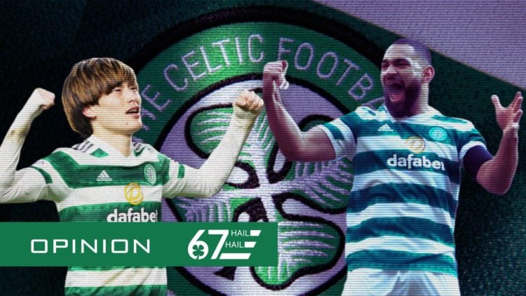 A detailed view of the Celtic badge, Cameron Carter-Vickers celebrates his goal against Rangers. Kyogo Furuhashi celebrates Celtic's win against He...