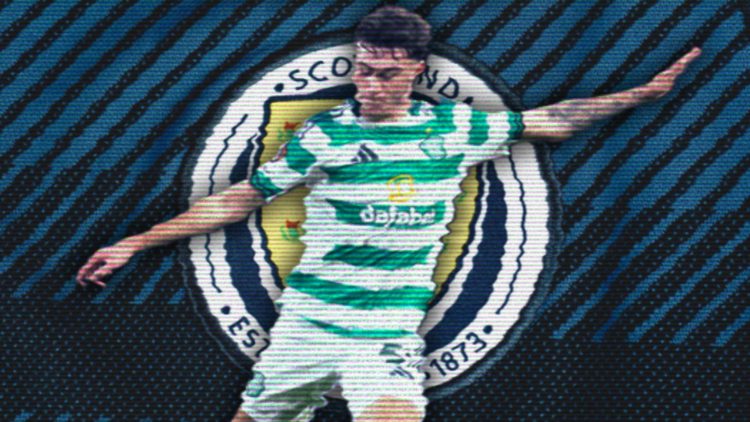A general view of the Scotland badge on the front of a shirt, Colby Donovan makes a pass during Celtic vs Braga in the Europa League