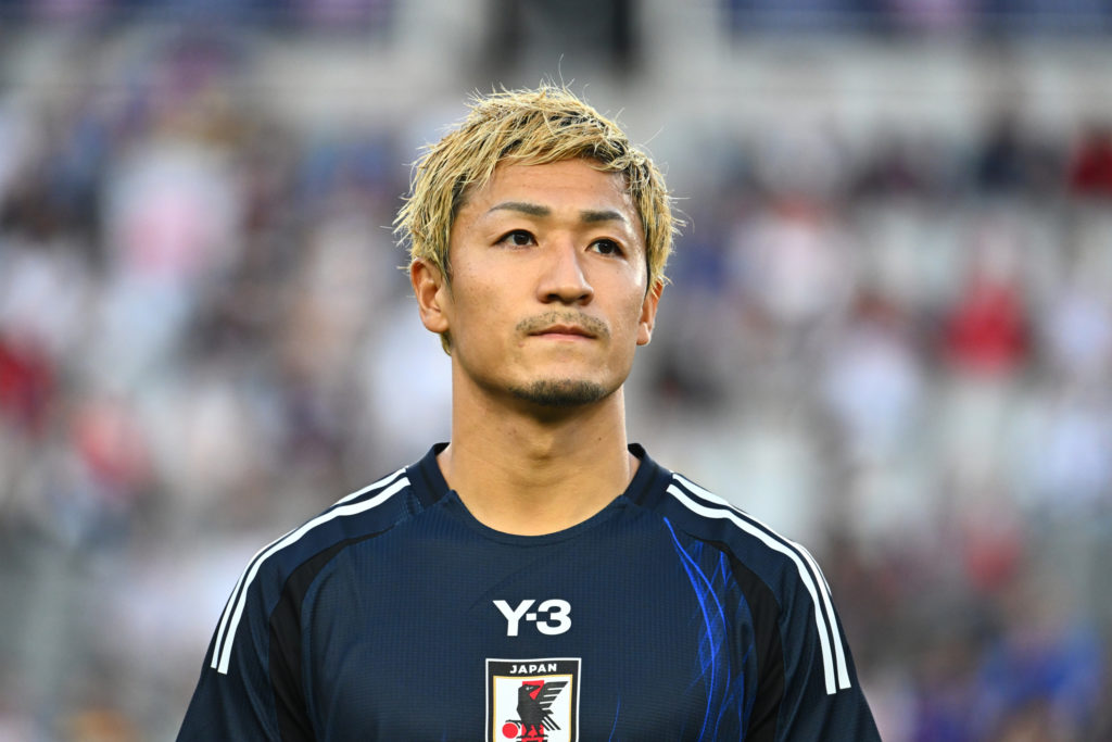 Daizen Maeda stands during the anthem before USA vs Japan