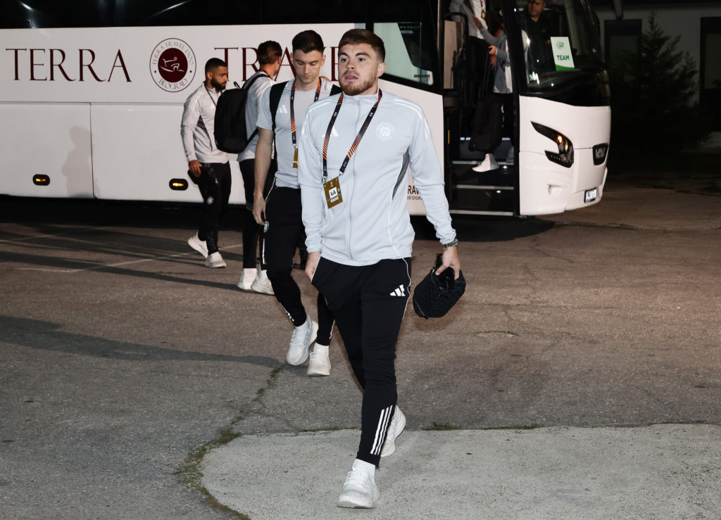 James Forrest arrives in Belgrade with the Celtic squad for the Europa League game against Red Star Belgrade