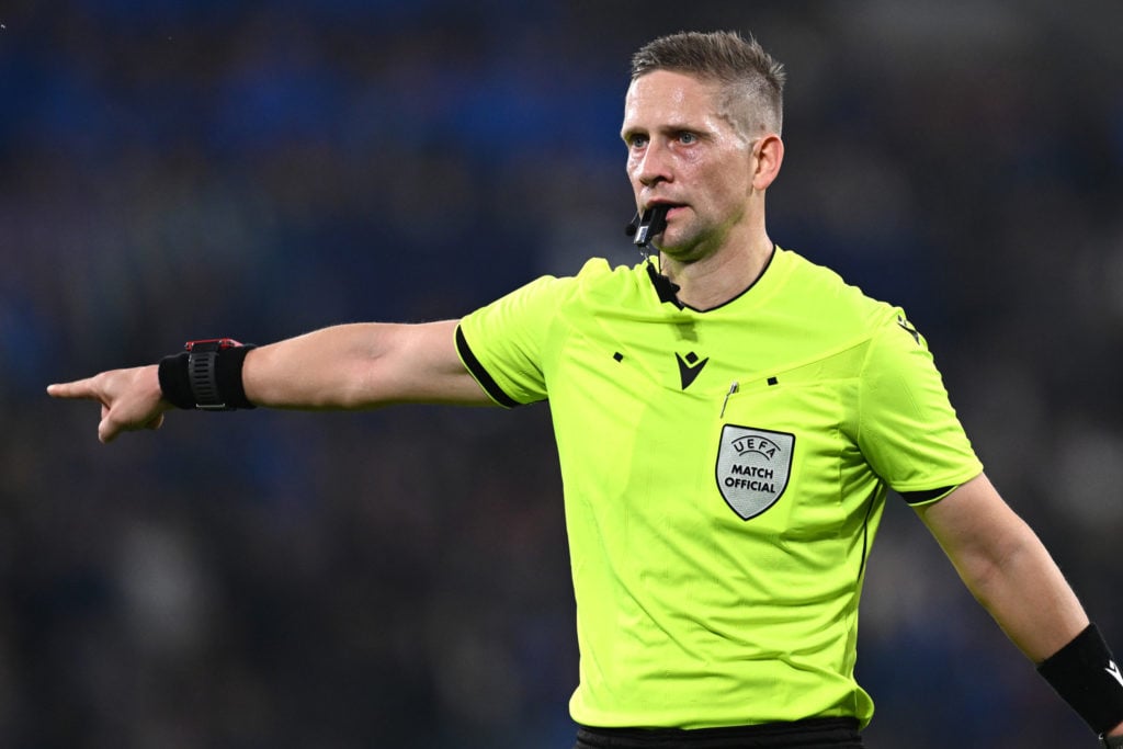 Referee Espen Eskas gestures during the UEFA Champions League match between Atalanta and Club Brugge