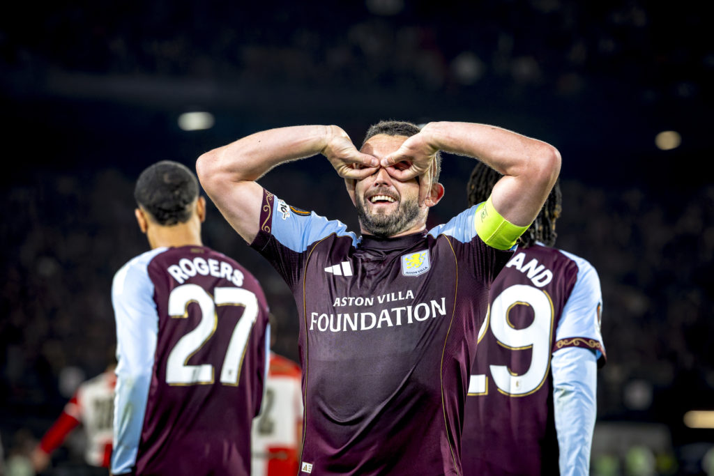 Aston Villa FC midfielder John McGinn scores the 0-2 and celebrates the goal during the match SC Feyenoord Rotterdam vs Aston Villa FC at the Stadium De Kuip