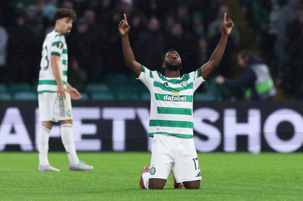 Kelechi Iheanacho celebrates before his Celtic goal is disallowed for handball