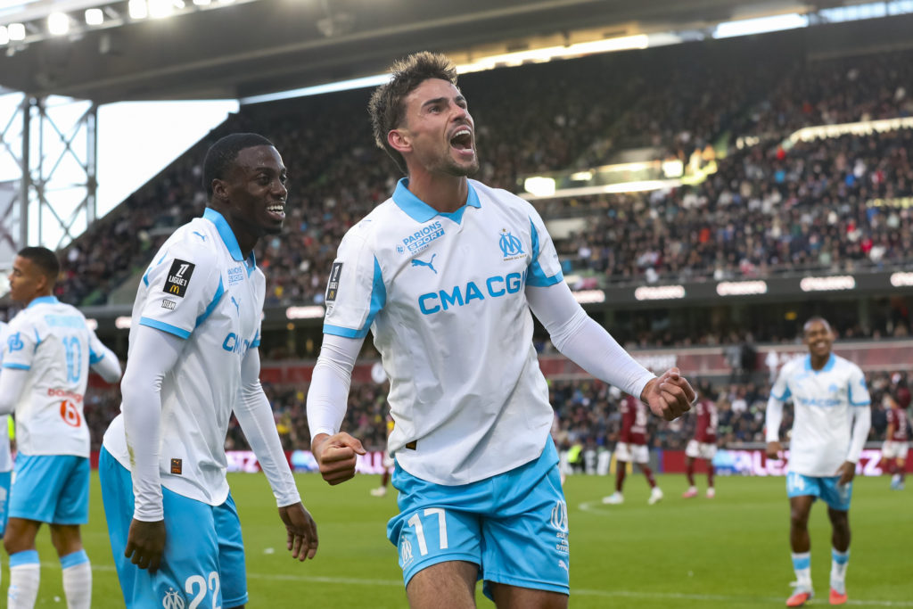 Matt O'Riley celebrates scoring against FC Metz for Olympique de Marseille in Ligue 1 McDonald's.