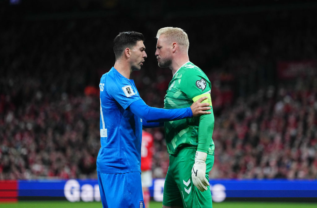 Celtic hero Kasper Schmeichel in action for Denmark vs Greece - UEFA World Cup qualifiication 2025/26