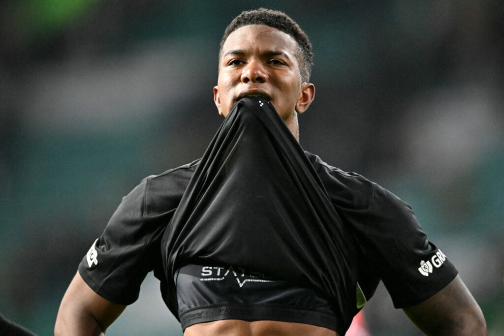 Sturm Graz's Costa Rican defender #02 Jeyland Mitchell reacts following the UEFA Europa League league-stage football match between Celtic and Sturm Graz at Celtic Park