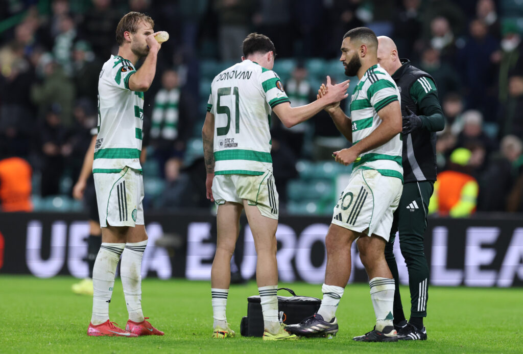 Cameron Carter-Vickers embraces Colby Donovan and Benjamin Nygren after Celtic's win against Sturm Graz in the Europa League