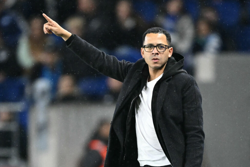 Strasbourg coach Liam Rosenior points during his side's Ligue 1 clash against AJ Auxerre.