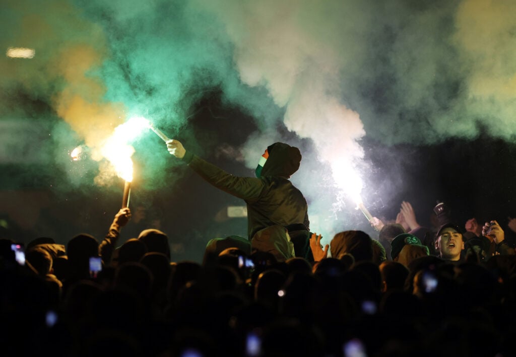 Celtic fans protest outside of the stadium