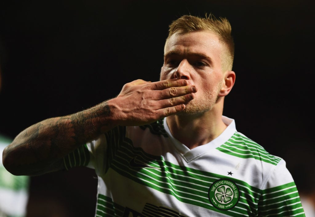 John Guidetti celebrates his goal for Celtic against Inter Milan in the Europa League