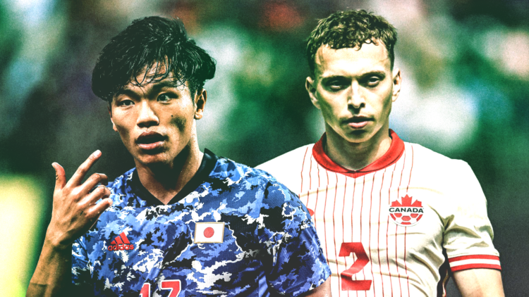 Reo Hatate reacts during Japan game left and Alistair Johnston in action for Canada right