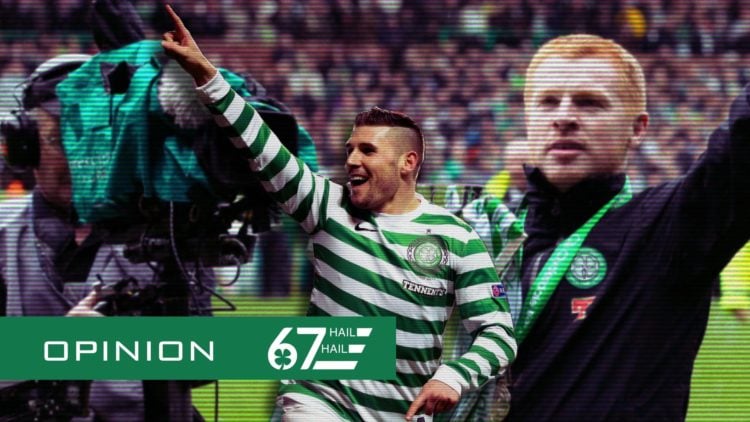 Neil Lennon applauds the Celtic fans after lifting the Scottish Premiership trophy, Gary Hooper celebrates his goal for Celtic against Spartak Mosc...
