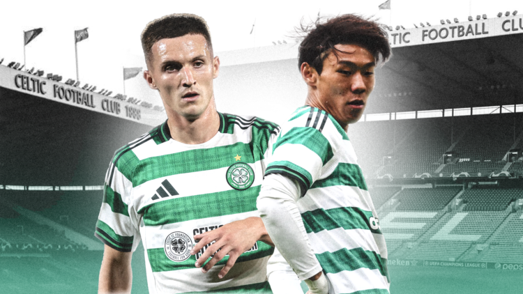 Johnny Kenny and Hayato Inamura in action for Celtic with Celtic Park in the background