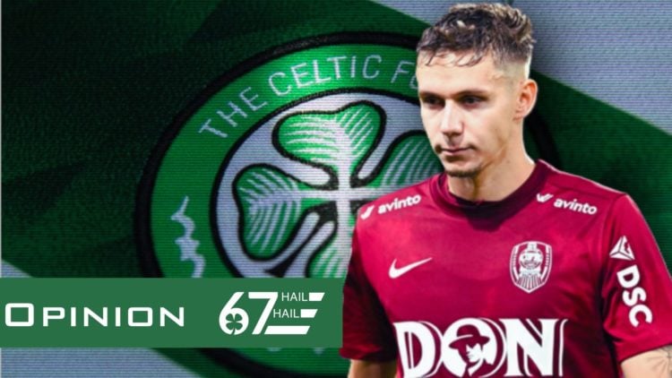 A background of the Celtic badge featuring a cutout of Cluj striker Louis Munteanu, who was linked with the Hoops