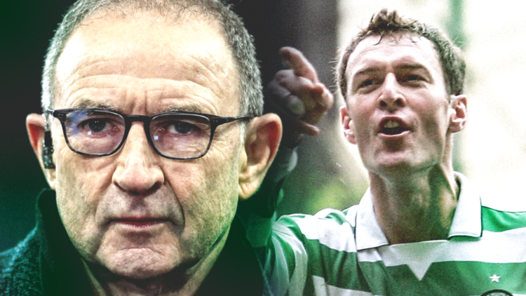 Former Celtic manager Martin O'Neill left and Chris Sutton celebrates a goal during Celtic vs Rangers right