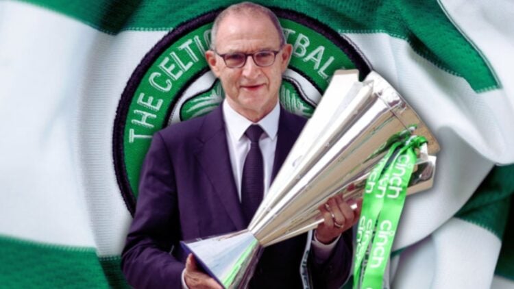 A detailed view of the Celtic badge, Martin O'Neill carries the Scottish Premiership trophy to Celtic Park