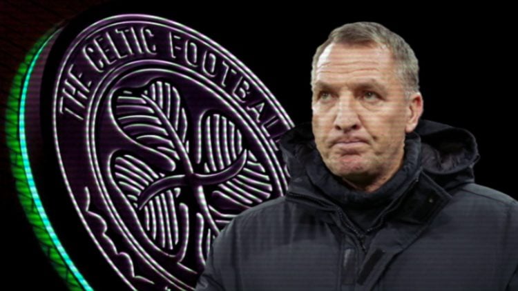 A detailed view of the Celtic badge lit up outside of Parkhead, Brendan Rodgers looks dejected after Celtic's defeat against Bayern Munich in the C...