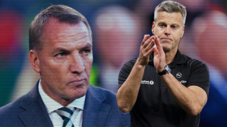 Brendan Rodgers looks on before Celtic's Champions League game vs Kairat Almaty, Bodo/Glimt manager Kjetil Knutsen applauds fans after the Europa L...