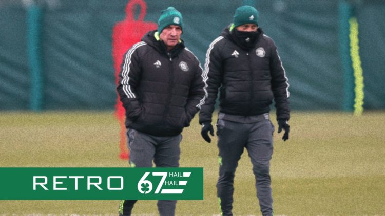 Brendan Rodgers and Gavin Strachan are in conversation during a Celtic training session