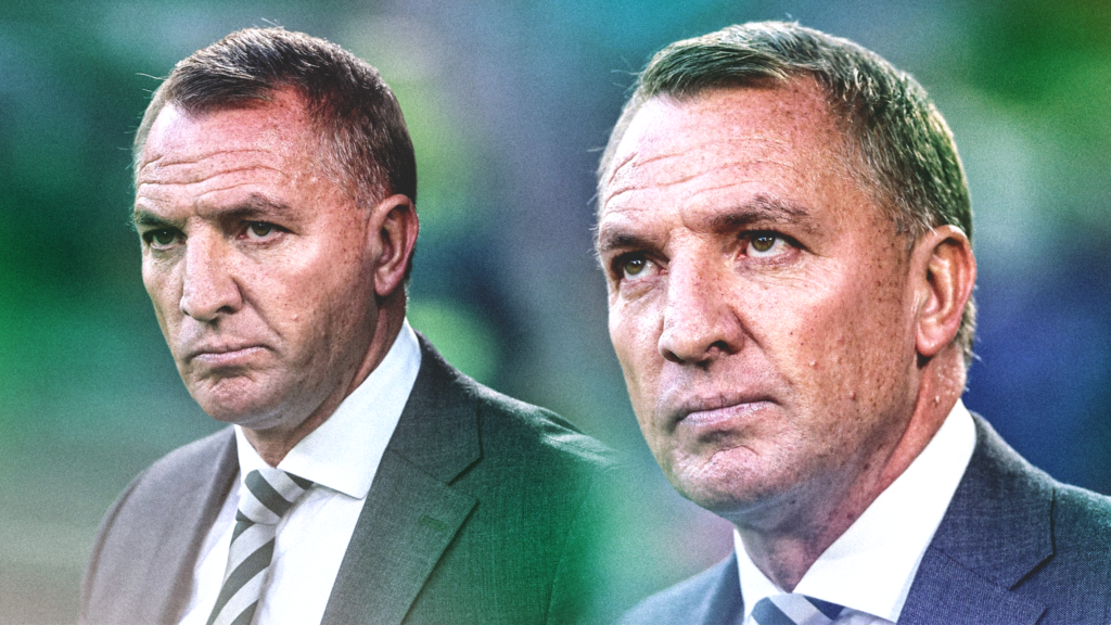 Split image of Celtic boss Brendan Rodgers left and right looking on ahead of playing Kairat Almaty at Celtic Park