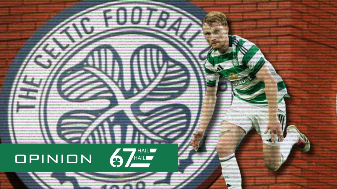 A general view of the Celtic badge on the walls of Celtic Park, Liam Scales chases the ball during Celtic vs Braga in the Europa League