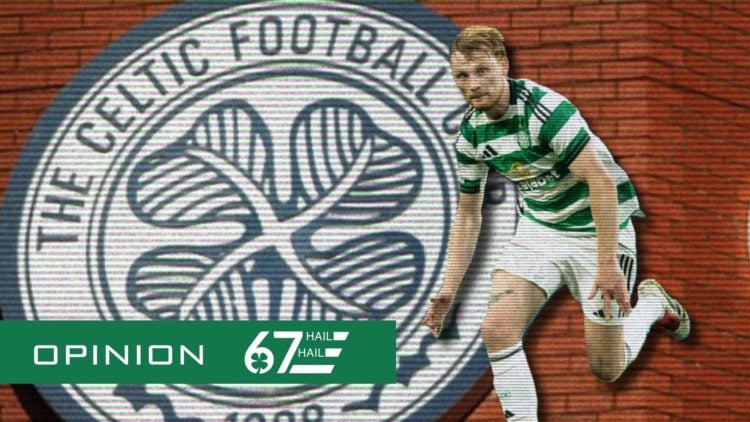 A general view of the Celtic badge on the walls of Celtic Park, Liam Scales chases the ball during Celtic vs Braga in the Europa League