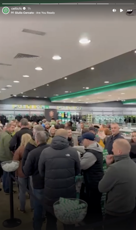 Celtic Instagram story post showing fans queuing up inside shop to buy adidas SPZL clothing