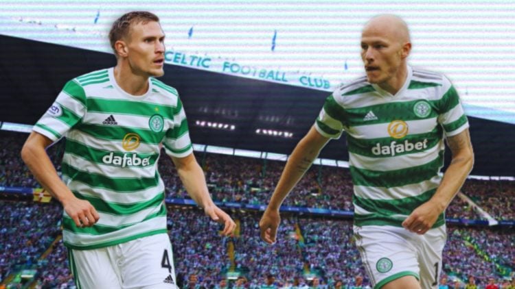 A general view of Celtic supporters inside Celtic Park before a Champions League game, Carl Starfelt in action for Celtic, Aaron Mooy during Celtic...