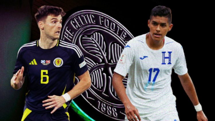 Kieran Tierney in action for Scotland against Switzerland, Luis Palma in action for Honduras, a backdrop of the Celtic badge