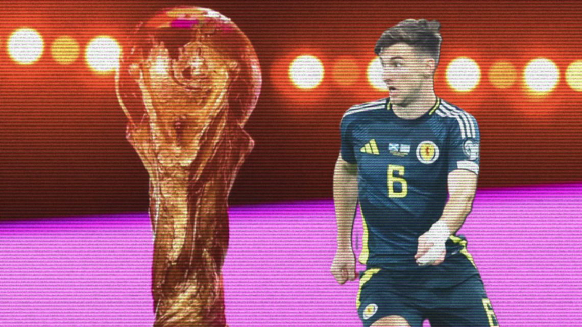 Kieran Tierney in action during Scotland's 2026 World Cup qualifier against Greece, a general view of the World Cup trophy at an awards event